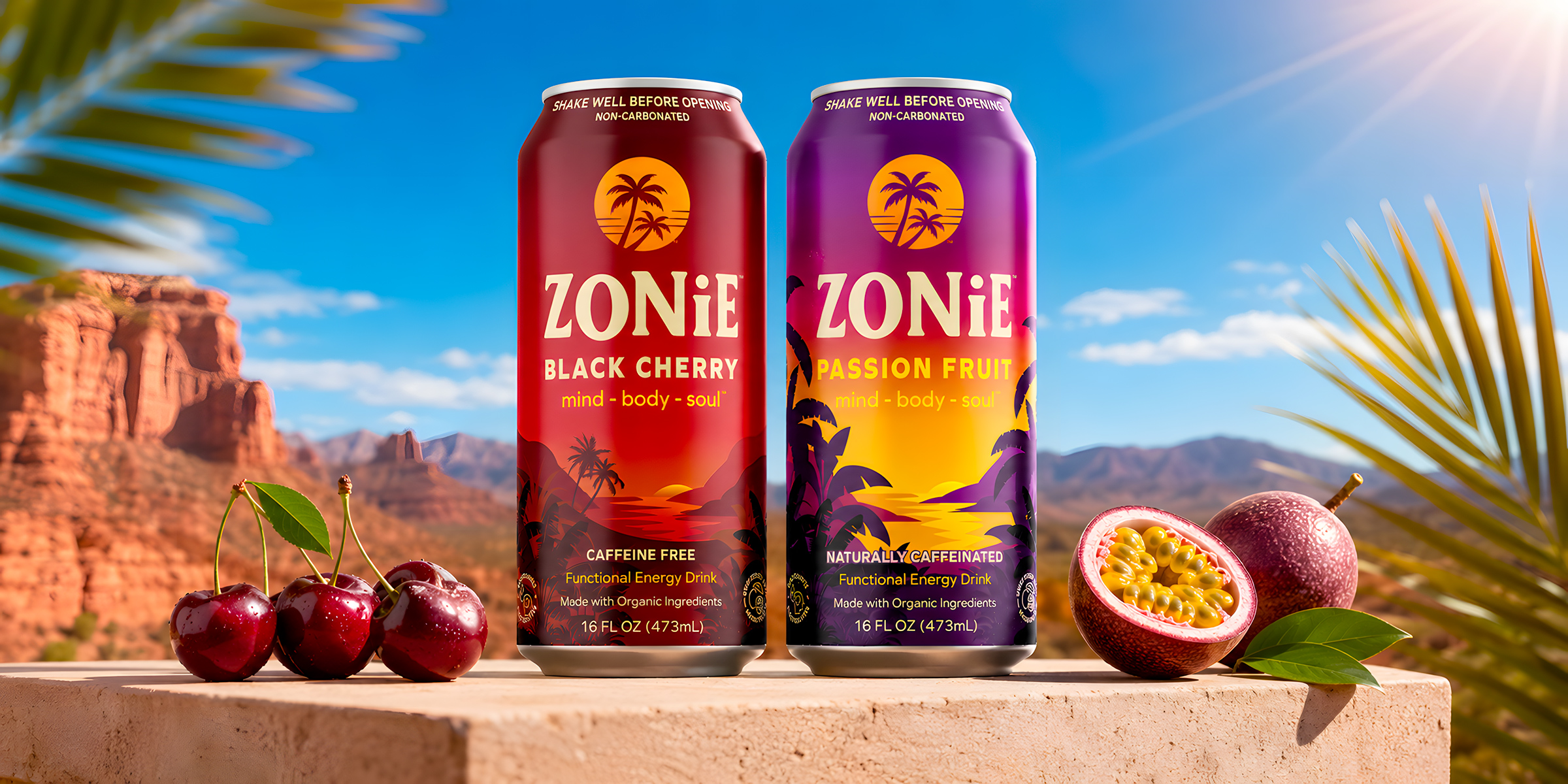 Zonie energy drink can packaging with cherry and passion fruit flavors